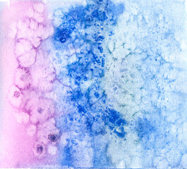 Watercolor abstract background of blue and lilac colors is made on white paper with the use of salt crystals. Texture from the use of crystals on wet paint.