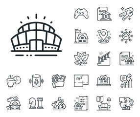 Fototapeta premium Sport complex sign. Floor plan, stairs and lounge room outline icons. Arena stadium line icon. Championship building symbol. Arena stadium line sign. House mortgage, sell building icon. Vector