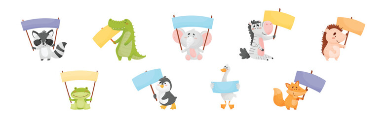 Cute Animals Holding Colorful Blank Banners Vector Illustration Set