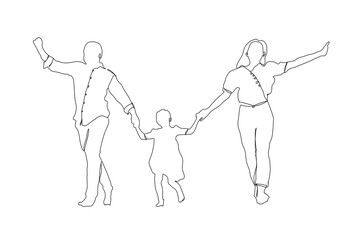 Happy family continuous single line art drawing. Parents hold the child hands line art vector. health life insurance plan concept line art drawing. father mother and child  running together line art.