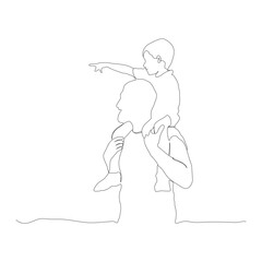 Small boy is sitting on his father's shoulder continuous line drawing. Fatherhood concept line art. 
Happy Father's Day line art. father and son .
