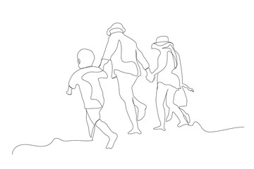 Fototapeta na wymiar Happy family father, mother, son and daughter having fun continuous line drawing. Happy family line art drawing. Happy family and vacations concept line art. 