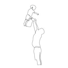 Father and son playing line art drawing. Happy father and son line art. Father's Day line art. Fatherhood concept line art. Father throws baby up line art vector.