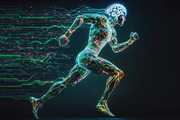 Fototapeta premium The man runs in motion. human brain and body. glowing Green lines. neural connections. artificial intelligence, cyberspace. AI Generative