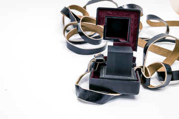 Tefillin  or  phylacteries . Pair of black leather boxes  for the arm and for the head with leather...