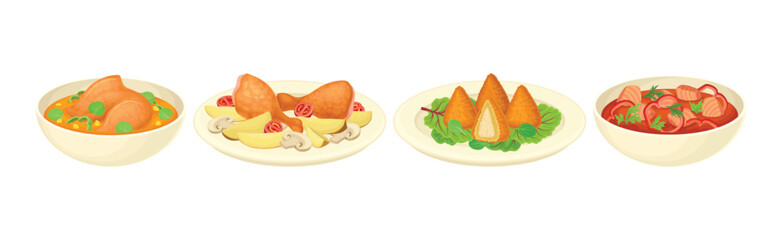 Different Dish and Food Served on Plate with Garnish Vector Set