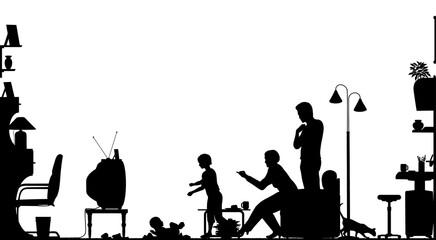 Foreground silhouette of a family in a living room with all elements as separate editable objects