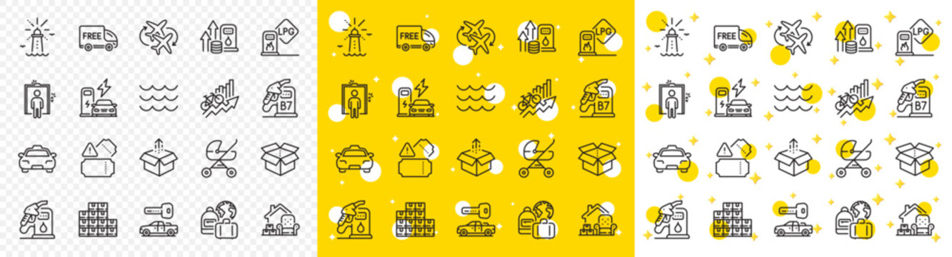 Outline Send box, Free delivery and Car key line icons pack for web with Charging station, Waves, Baby carriage line icon. Wholesale inventory, Open box, Diesel station pictogram icon. Vector