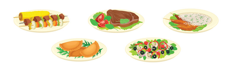 Different Dish and Food Served on Plate with Garnish Vector Set