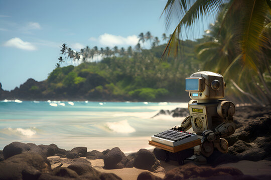 Chat robot typing on the beach near the ocean,  Generative AI