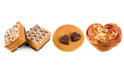 Pastry, belgian waffles and sweet bun isolated on white. Collage. Wide photo.