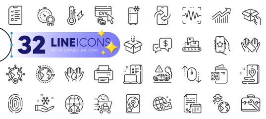 Outline set of World mail, Wholesale goods and Hold box line icons for web with Qr code, Get box, Refrigerator thin icon. Cvv code, Hdd, Demand curve pictogram icon. Smartphone holding. Vector