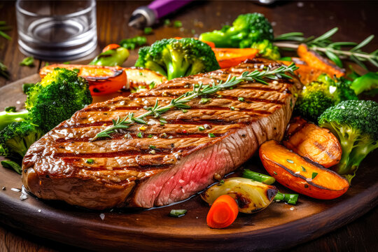 Grilled steak with vegetables. Delicious food. Generative AI