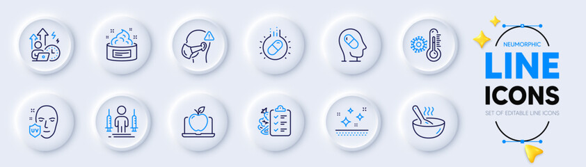 Coronavirus injections, Medical mask and Difficult stress line icons for web app. Pack of Thermometer, Diet menu, Uv protection pictogram icons. Capsule pill, Skin cream, Clean skin signs. Vector