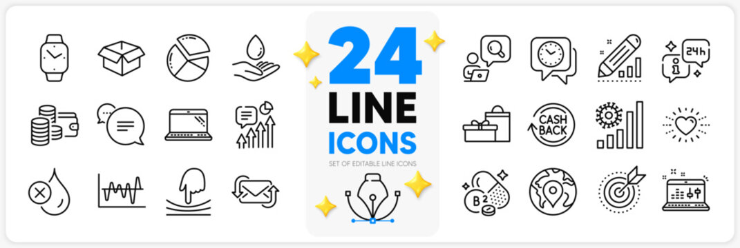 Icons set of Heart, Clock and Laptop line icons pack for app with Refresh mail, Smartwatch, Target purpose thin outline icon. Kpi, Water care, Coronavirus statistics pictogram. Inspect. Vector