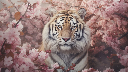 Tiger Surrounded by Beautiful Flowers in a Muted Pastel Aesthetic with Surrealism Elements - Dreamy Background - Generative AI