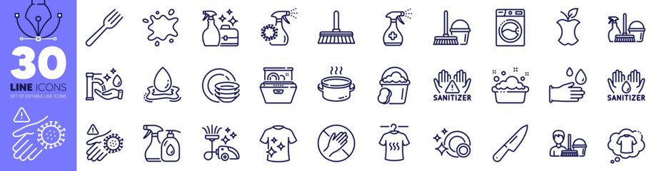 Organic waste, Dont touch and Bucket with mop line icons pack. Cleanser spray, Sponge, Coronavirus spray web icon. T-shirt, Cleaning liquids, Dishes pictogram. Water splash, Dry t-shirt. Vector