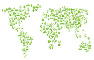 Vector illustration of world map shape made with many environmental icons