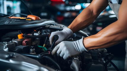 Mechanic using wrench while working on car engine at garage workshop, Car auto services and maintenance check concept.
