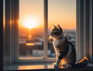 a cute cat sitting on a windowsill, looking out at a beautiful sunset or view ai generates