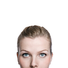 Fototapeta premium Close-up shot of the upper a part of womans face, Isolated on white