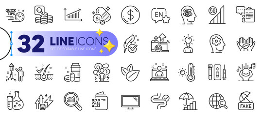 Outline set of Inspect, Difficult stress and 5g wifi line icons for web with Energy inflation, Fireworks, Qr code thin icon. Dollar money, Inflation, International copyright pictogram icon. Vector