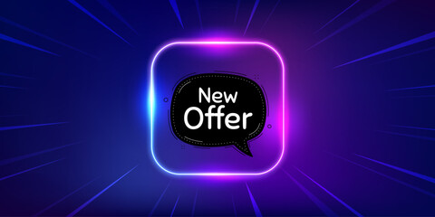 New offer bubble banner. Neon light frame offer banner. Arrival black sticker. Offer label icon. New offer promo event flyer, poster. Sunburst neon coupon. Flash special deal. Vector