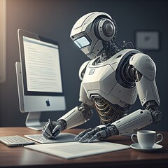 robot article editor writing publicity post robotic journalist copywriting selection and verification artificial intelligence vector scene  - obrazy, fototapety, plakaty