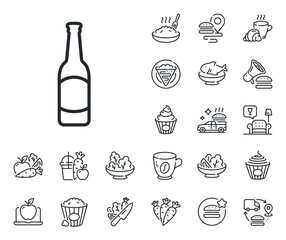 Pub Craft beer sign. Crepe, sweet popcorn and salad outline icons. Beer bottle line icon. Brewery beverage symbol. Beer line sign. Pasta spaghetti, fresh juice icon. Supply chain. Vector