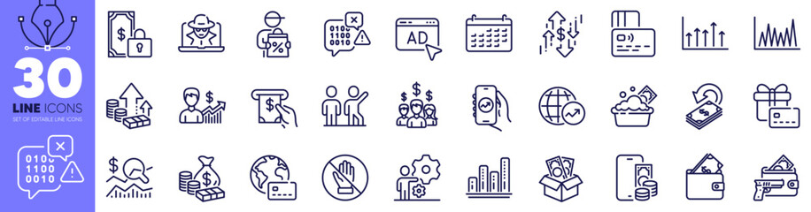 Armed robbery, Phone pay and Business growth line icons pack. Salary employees, Fraud, Growth chart web icon. Bribe, Atm service, Launder money pictogram. Wallet, Check investment, Line graph. Vector