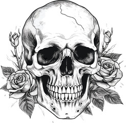 Skull and rose. tatto design. vector illustration.
