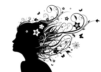 Vector illustration of abstract Young girl face silhouette in profile with long floral hair