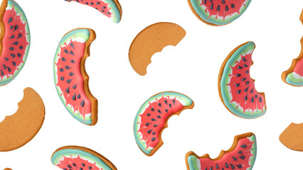 Seamless pattern of gingerbread cookies in the shape of watermelon.