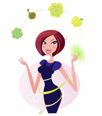 Green vegetable makes slim figure! Woman with perfect body shape shows healthy food. Vector illustration.