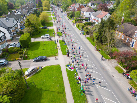 Aerial view of runners running in the Rob Burrow Leeds Marathon