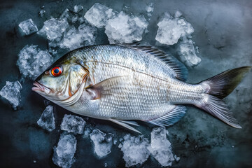 top down view of raw sea bream fish dorado on ice. space for text. generative AI