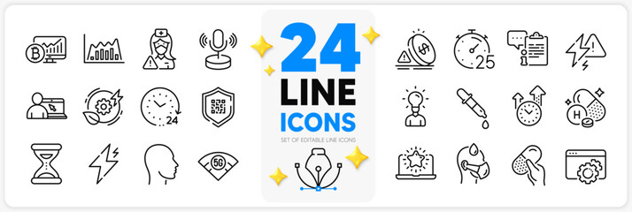Icons set of Seo gear, Timer and Chemistry pipette line icons pack for app with Qr code, Education, 24 hours thin outline icon. Capsule pill, Clipboard, Vitamin h pictogram. Sick man. Vector