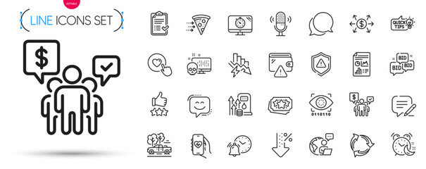 Pack of Seo timer, Alarm clock and Outsource work line icons. Include Education idea, Recycle, Attention pictogram icons. Food delivery, Report document, Approved checklist signs. Alarm. Vector