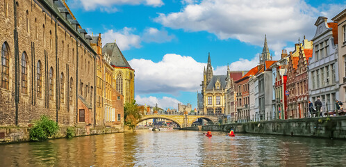 Gent, Belgium - October 9. 2021: River cruise sightseeing on beautiful belgian city river Leie,...