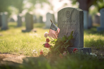 USA flag and flowers at the cemetery for memorial day in the USA , AI Generated
