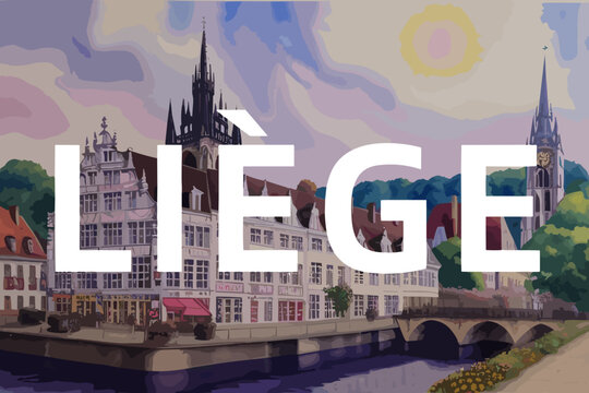 Liège: Beautiful painting of an Belgian village with the name Liège in Wallonia