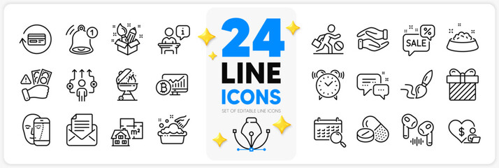 Icons set of Creativity, Podium and Hand washing line icons pack for app with Headphone, Fraud, Volunteer thin outline icon. Refund commission, Jobless, Surprise pictogram. Vector