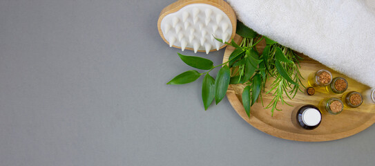 Spa therapy background. Natural hair and body care. Flat lay.