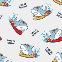 Seamless Pattern Happy Summer With Surfing Shark, Cute Cartoon Illustration