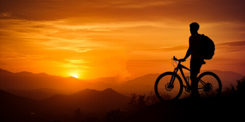 Dark shadow of cyclist traveling. Sunset silhouette bike riding. generative ai.