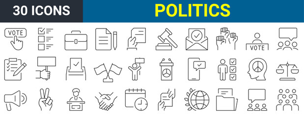 Set of 30 Politics and diplomacy. Voting Related Vector Line Icons. Raising Hands, Electronic voting and more. Editable Stroke