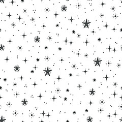 Hand Drawn Doodle Stars Black and White Background. Star Festive Seamless Pattern. Starry Sky Background. Festive Wallpaper. Great for Holiday and Birthday Party Design.