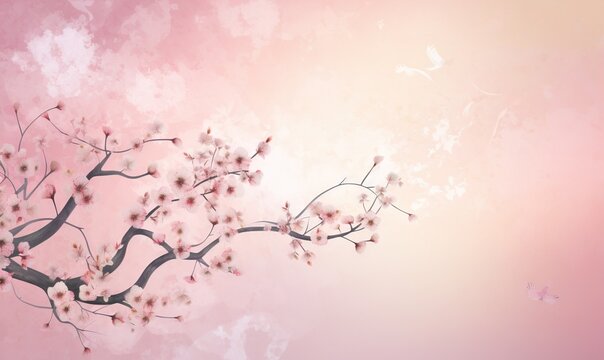  a branch with pink flowers on a pink and white background.  generative ai