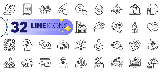 Outline set of Jobless, Fake news and Dermatologically tested line icons for web with Car leasing, Share, Hold heart thin icon. Ssd, Empower, Loyalty program pictogram icon. Buy currency. Vector