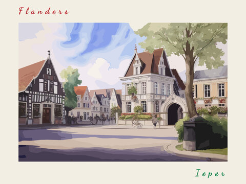 Ieper: Post card design with Town in Belgium and the city name Ieper